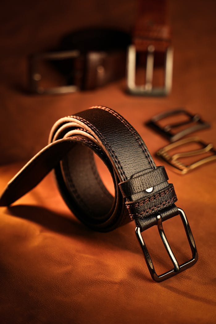 Luxurious men's leather belt displayed elegantly with various belt buckles.